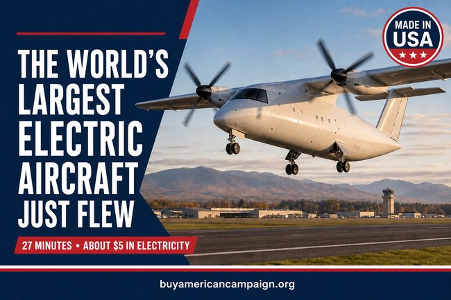 Made in USA Heart Aerospace X1 electric aircraft taking off in Plattsburgh, New York