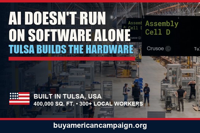 Crusoe manufacturing floor in Tulsa with details about American AI infrastructure production