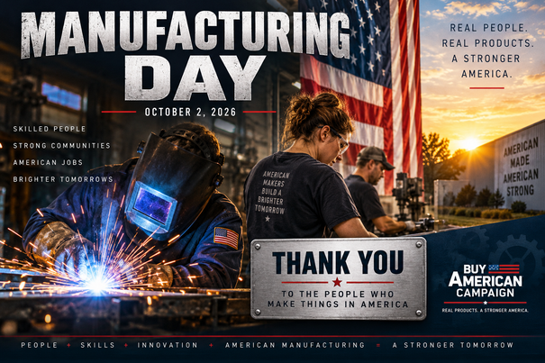 Manufacturing Day 2026 tribute graphic showing American workers welding and operating factory equipment, with a thank-you message from the Buy American Campaign.