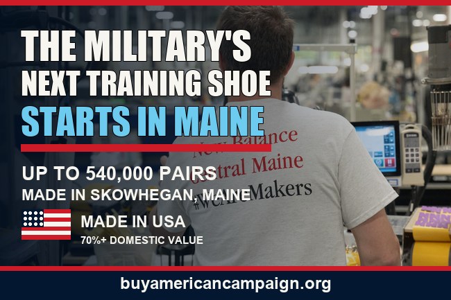 New Balance worker in the Central Maine factory with details of the American-made military shoe contract